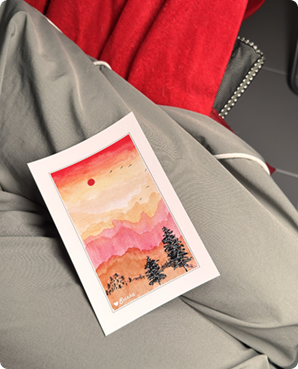 Watercolor postcard of a red sunset over pink mountains with two pine trees
