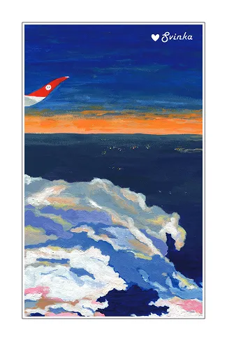 Hand-drawn postcard of an airplane wing above pastel clouds at dusk