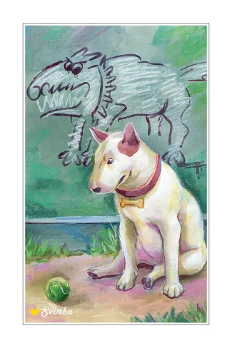 Hand-illustrated card of a white bull terrier with a monstrous dinosaur-like shadow looming behind it