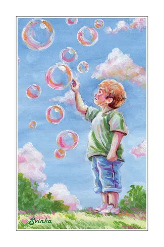 Hand-drawn postcard of a boy chasing soap bubbles in a sunny meadow