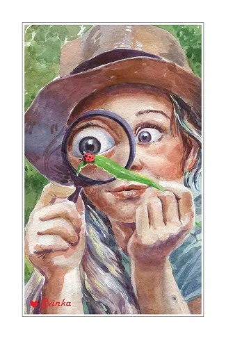 Whimsical postcard of a curious girl studying a ladybug through a magnifying glass