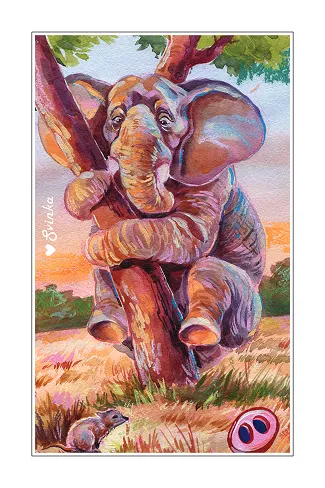 Hand-illustrated card of a little elephant clinging to a tree trunk in the savanna