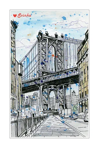 Illustrated postcard of the Manhattan Bridge viewed from a city street