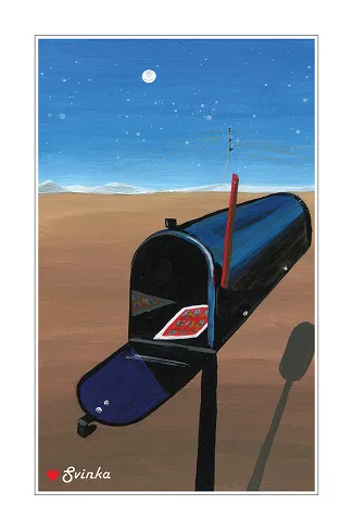 Whimsical postcard of a little blue mailbox in a moonlit desert