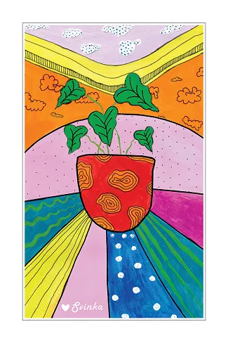 Hand-drawn postcard of a potted plant against a colorful sunburst backdrop