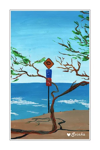Hand-drawn postcard of a lone signpost and a leafy tree on a quiet seashore