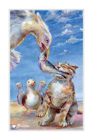 Charming postcard of a seagull kissing a beach cat as ducklings waddle by