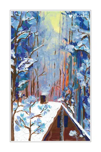 Serene postcard of a snowy forest trail at sunrise