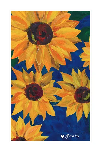 Hand-drawn postcard of a sunny sunflower bouquet on a bright blue background