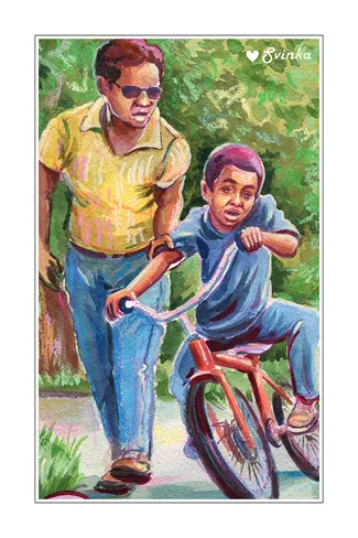 Watercolor postcard of two boys out with a red bicycle