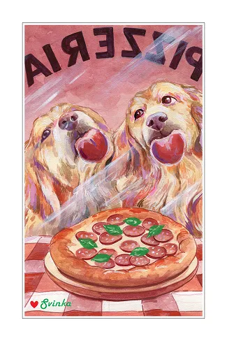 Playful card of two dogs at a pizzeria window sharing a pepperoni pizza