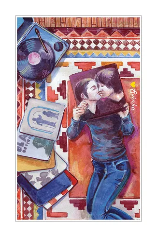 Nostalgic card of a couple lounging together among vinyl records