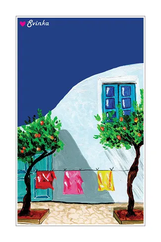 Sun-soaked card of a whitewashed house with orange trees and laundry on the line