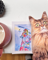 Colorful watercolor postcard of an abstract figure beside a wide-eyed ginger cat