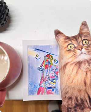 Vivid abstract-figure postcard standing next to a startled long-haired orange cat