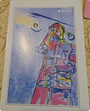 Loose colorful postcard of a skier in a pink jacket against a snowy blue sky
