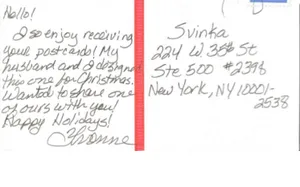Christmas postcard designed by Yvonne and her husband with Happy Holidays greetings to Svinka