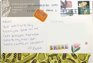 Colorful patterned thank-you postcard signed by a fan, addressed to Svinka