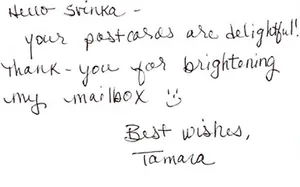 Handwritten note from Tamara calling Svinka's postcards delightful and thanking her for brightening her mailbox