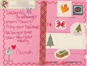 Pink holiday postcard from Carmen with season's greetings from Texas