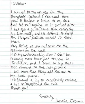 Handwritten letter from Rosalia thanking Svinka for a thoughtful postcard